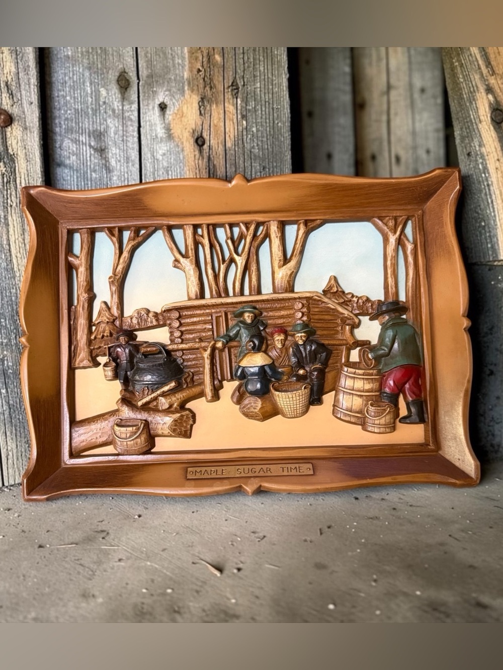 Vintage Syroco "Maple Sugar Time" 3D Wall Plaque – Mid Century Folk Art Decor